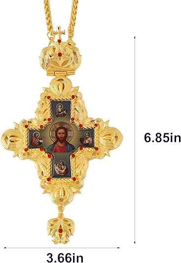 Gold Plated Red Stone Orthodox Cross Pendant Crucifix Necklace with Jesus Icon