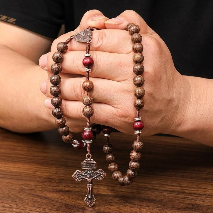 Handmade Wooden Beads Rosary Necklace with Our Father Medal & Crucifix Religious Gift - Nazareth Store