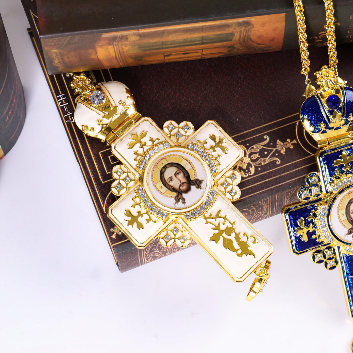Orthodox White Enamel Gold Cross Necklace Jesus Crucifix Pendant with Zirconia