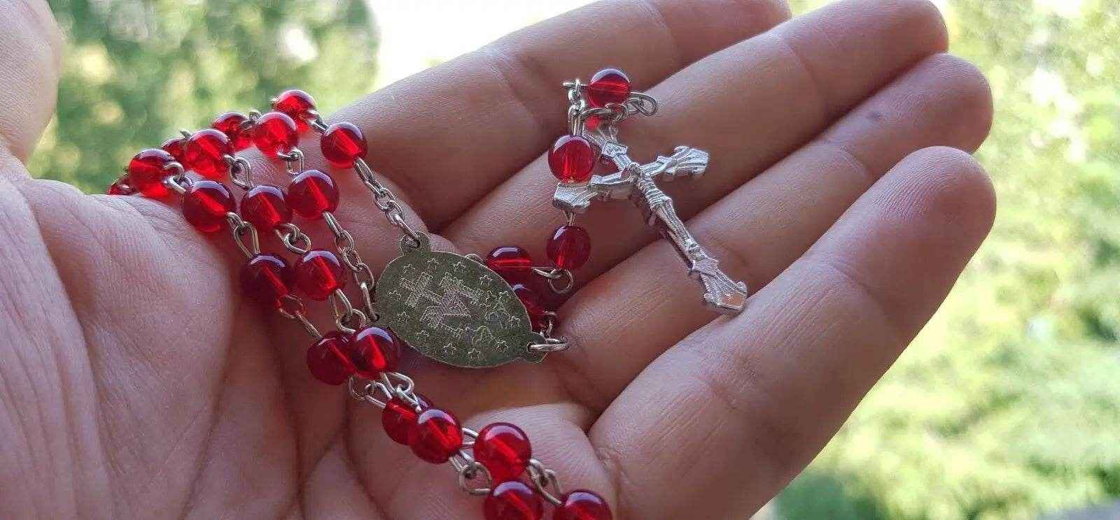 Round Red Glass Beads Rosary Necklace Miraculous Medal with Cross