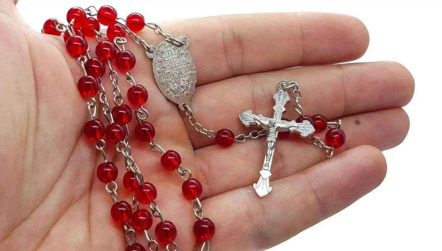 Round Red Glass Beads Rosary Necklace Miraculous Medal with Cross