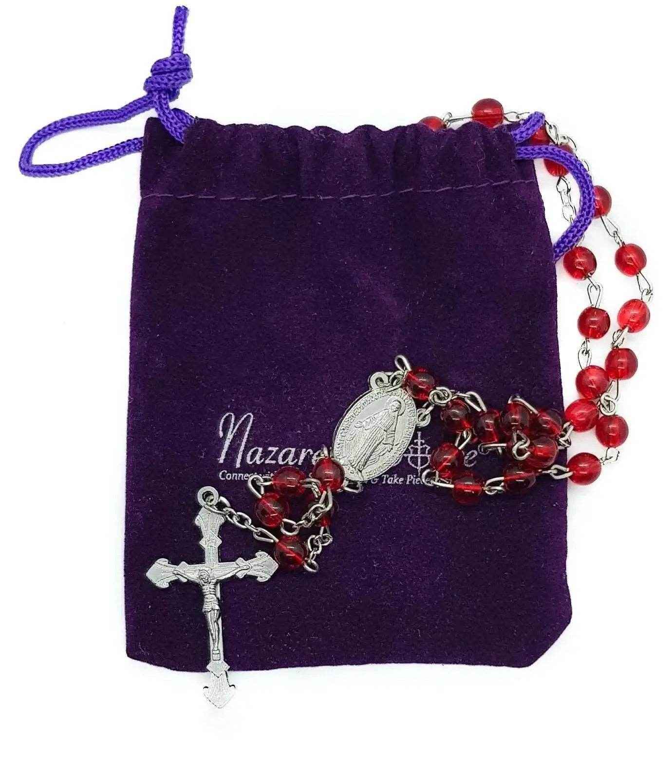 Round Red Glass Beads Rosary Necklace Miraculous Medal with Cross