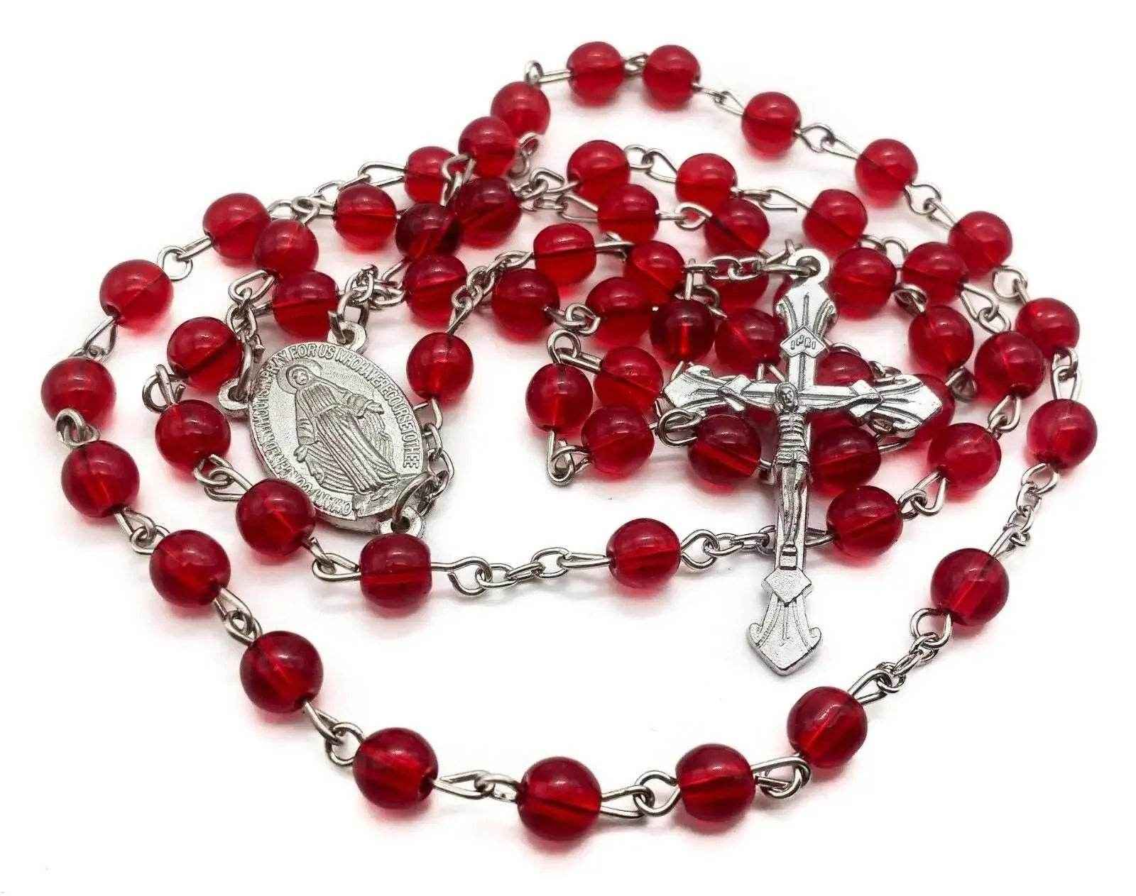 Round Red Glass Beads Rosary Necklace Miraculous Medal with Cross