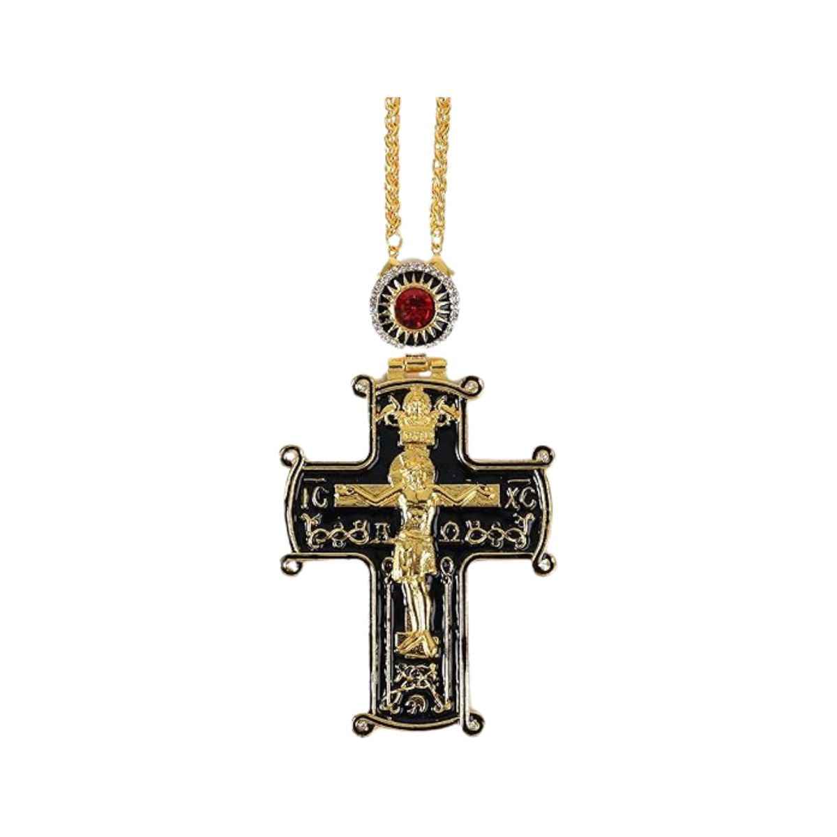 Round Red Stone Pectoral Cross Pendant Multi Zircon Crucifix Necklace