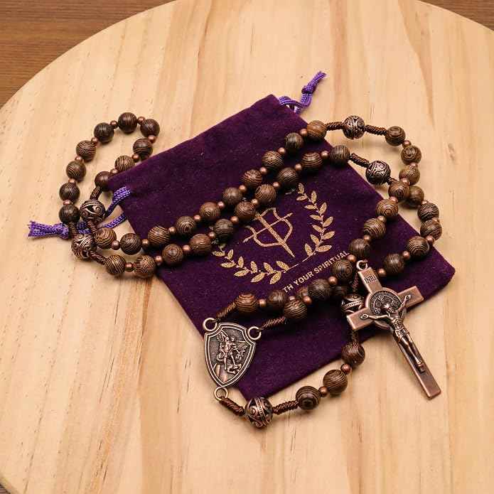 Olive Wood Rosary Necklace Metal Glory Beads with St. Michael Medal & Cross Crucifix