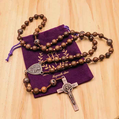 Solid Wooden Beaded Rosary Necklace Metal Glory Beads with Our Father Medal & Crucifix