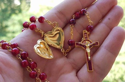 Saint Benedict Red Beads Rosary Enamel Cross Heart Shape Medal