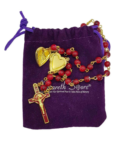 Saint Benedict Red Beads Rosary Enamel Cross Heart Shape Medal