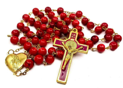 Saint Benedict Red Beads Rosary Enamel Cross Heart Shape Medal