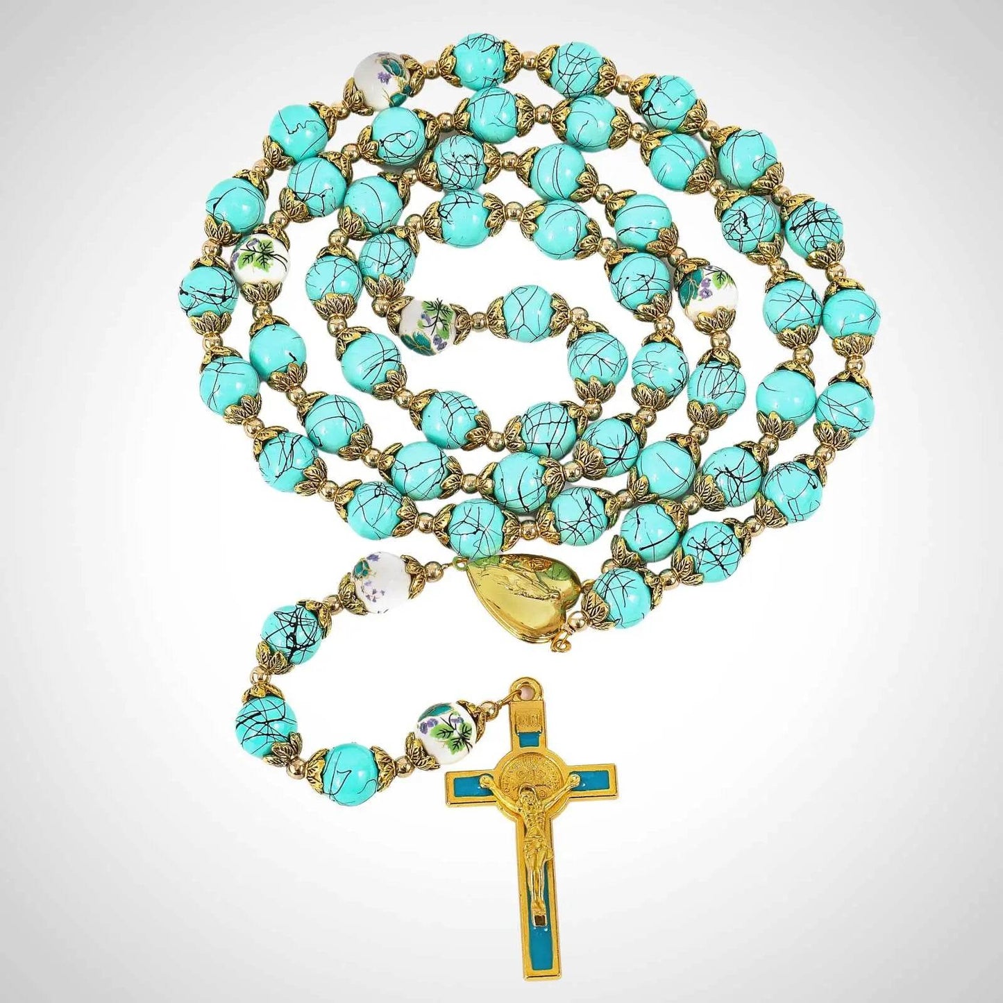Saint St Benedict Turquoise Rosary Beads Catholic Necklace Flowers Mystery Beads - Nazareth Store