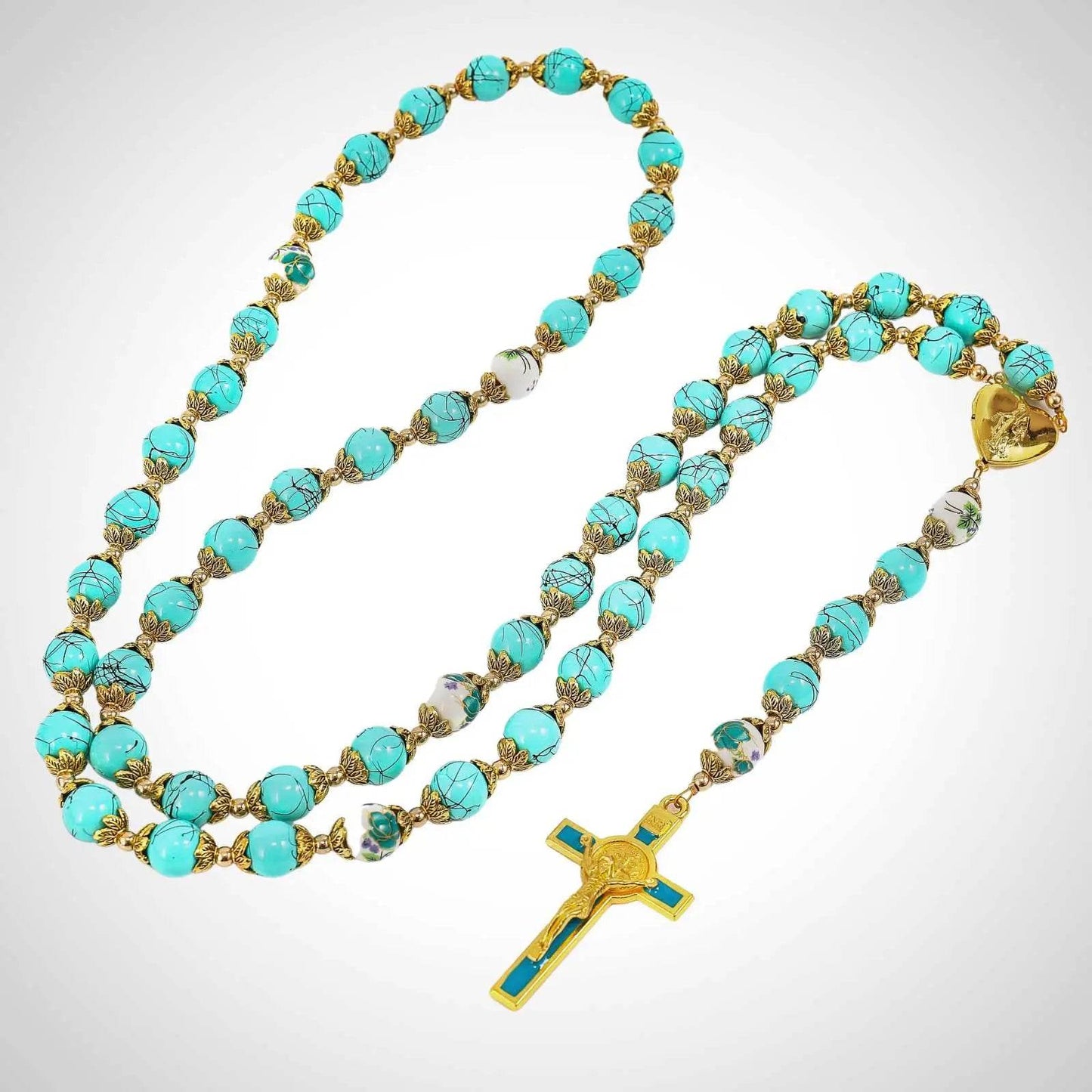 Saint St Benedict Turquoise Rosary Beads Catholic Necklace Flowers Mystery Beads - Nazareth Store