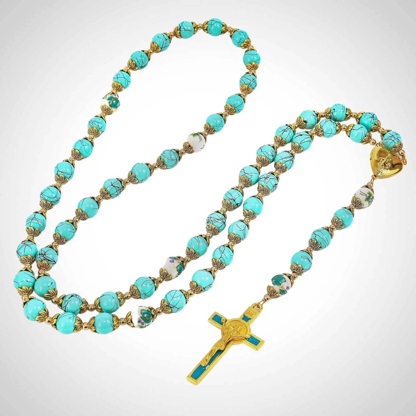 Saint St Benedict Turquoise Rosary Beads Catholic Necklace Flowers Mystery Beads - Nazareth Store