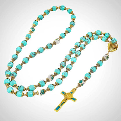 Saint St Benedict Turquoise Rosary Beads Catholic Necklace Flowers Mystery Beads - Nazareth Store