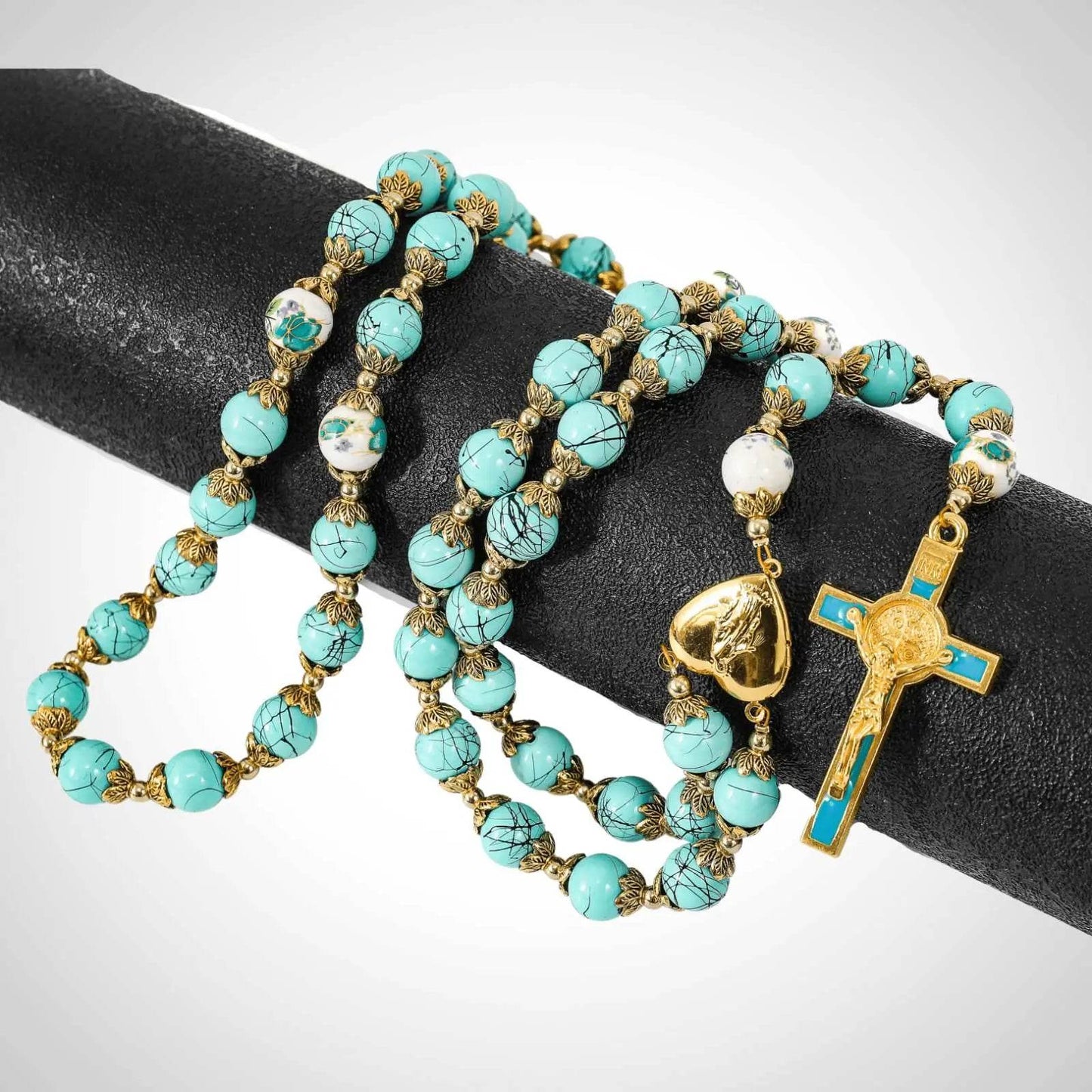 Saint St Benedict Turquoise Rosary Beads Catholic Necklace Flowers Mystery Beads - Nazareth Store