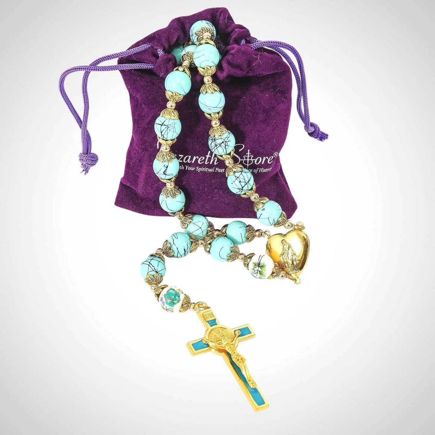 Saint St Benedict Turquoise Rosary Beads Catholic Necklace Flowers Mystery Beads - Nazareth Store