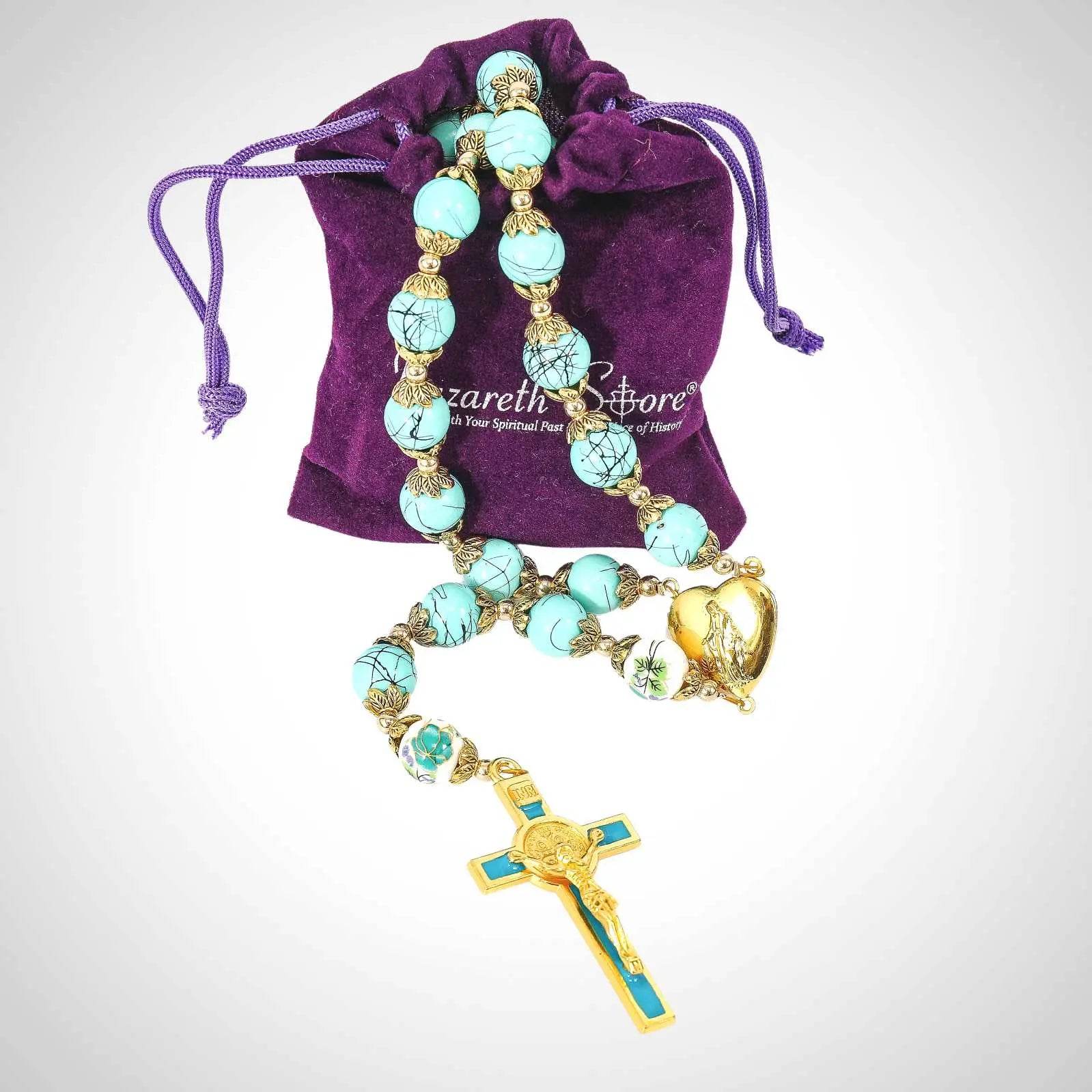 Saint St Benedict Turquoise Rosary Beads Catholic Necklace Flowers Mystery Beads - Nazareth Store