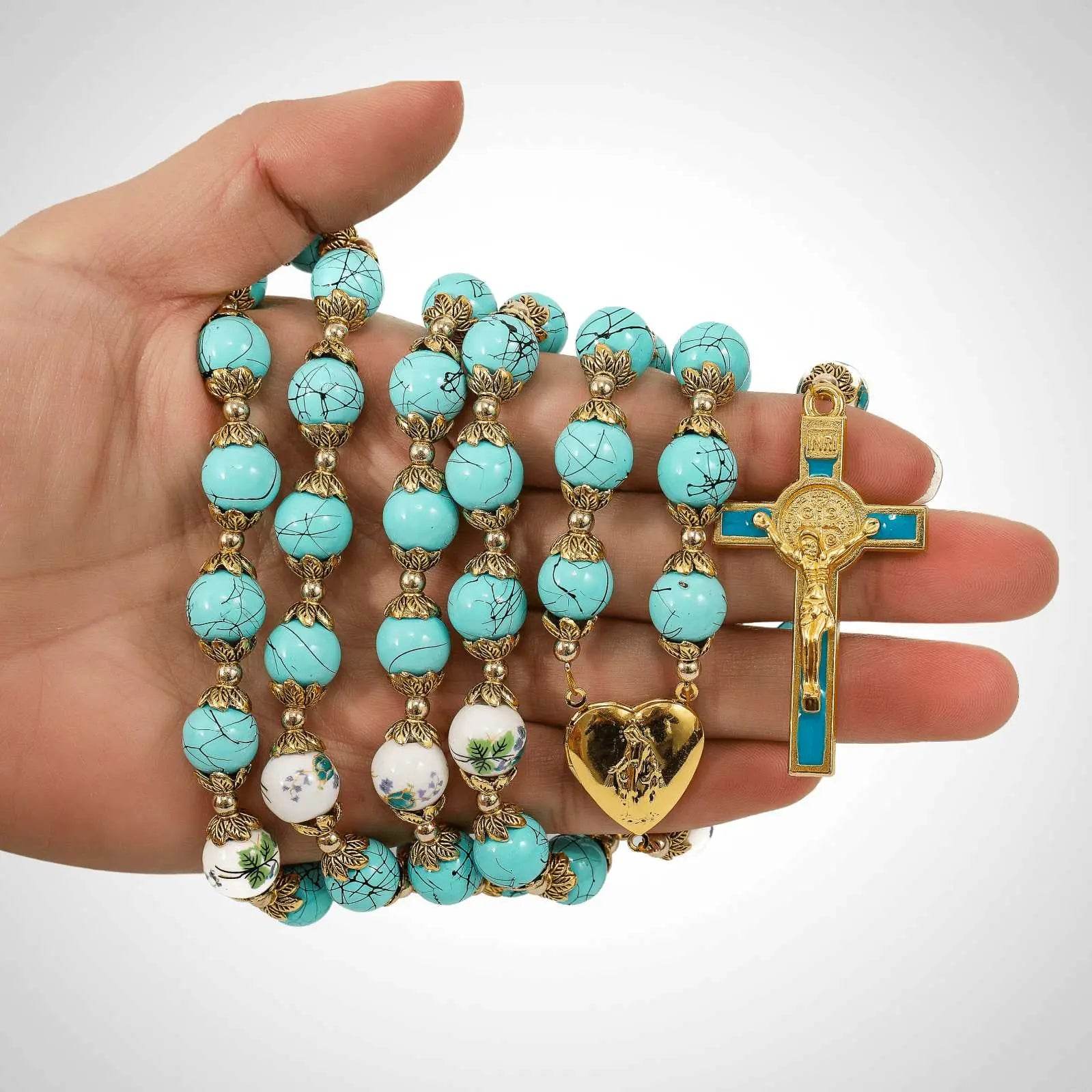 Saint St Benedict Turquoise Rosary Beads Catholic Necklace Flowers Mystery Beads - Nazareth Store