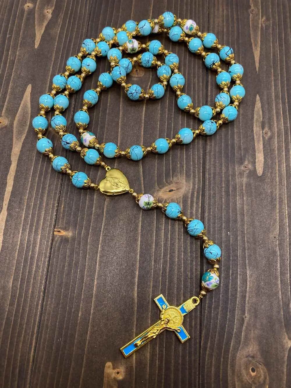 Saint St Benedict Turquoise Rosary Beads Catholic Necklace Flowers Mystery Beads - Nazareth Store