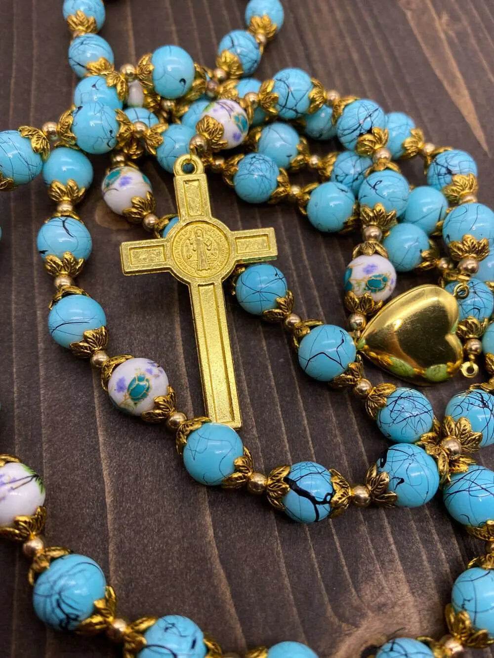 Saint St Benedict Turquoise Rosary Beads Catholic Necklace Flowers Mystery Beads - Nazareth Store