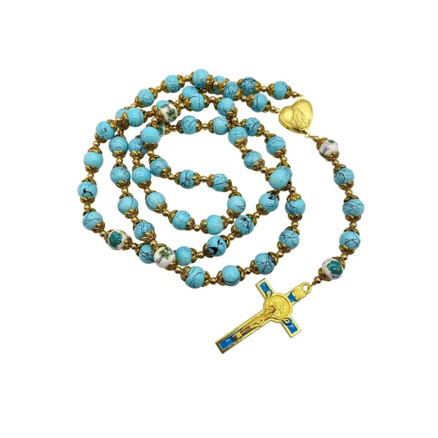 Saint St Benedict Turquoise Rosary Beads Catholic Necklace Flowers Mystery Beads - Nazareth Store