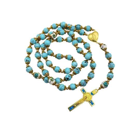 Saint St Benedict Turquoise Rosary Beads Catholic Necklace Flowers Mystery Beads - Nazareth Store