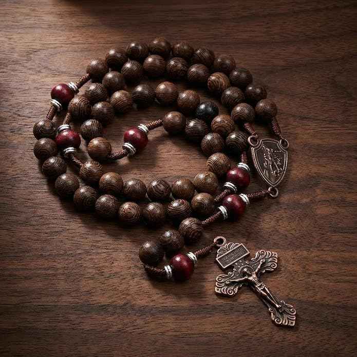 Handmade Wooden Beads Rosary Necklace with Saint Michael Medal & Crucifix Religious Gift