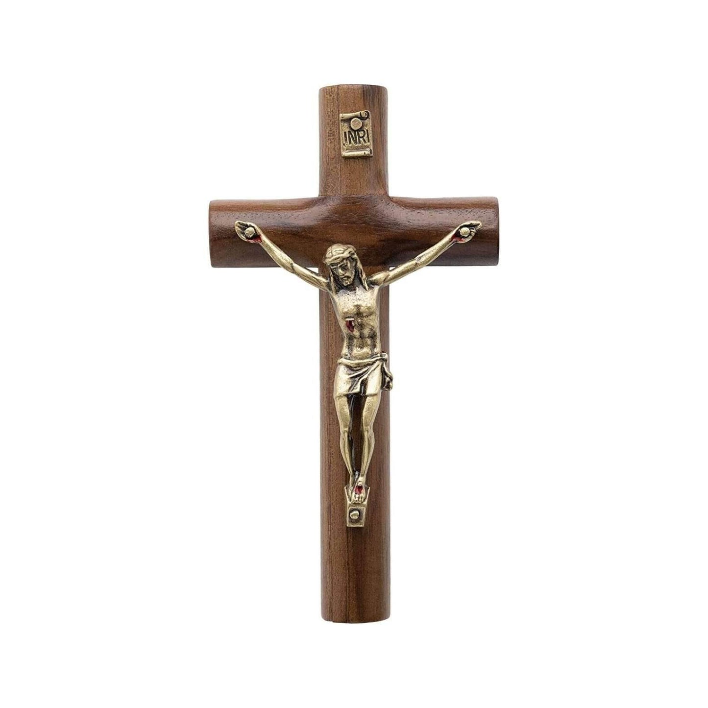 Walnut Wood Wall Cross Antique Gold Jesus INRI Cross Hanging Catholic Crucifix - Nazareth Store