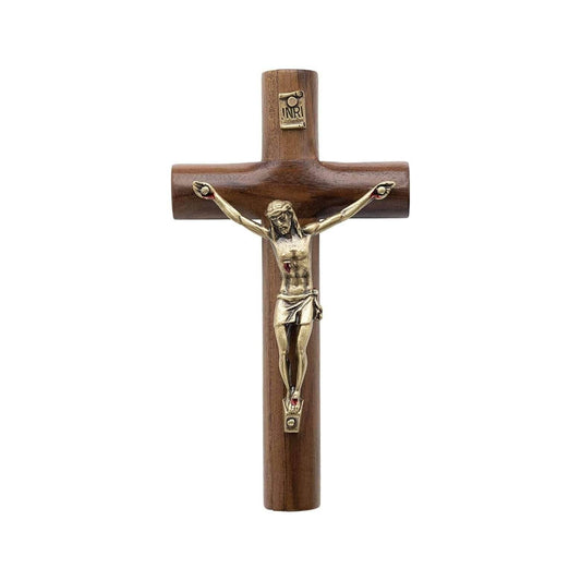 Walnut Wood Wall Cross Antique Gold Jesus INRI Cross Hanging Catholic Crucifix - Nazareth Store