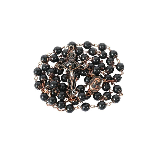 Black Obsidian Natural Stone Rosary Beads Necklace Holy Soil & Cross Crucifix - Nazareth Store
