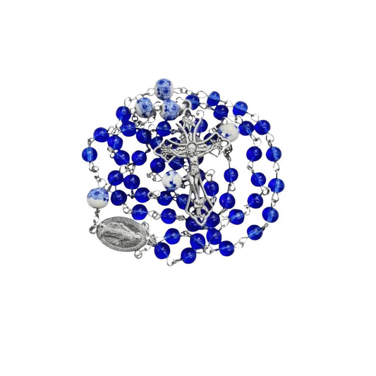 Blue Glass Rosary White Flowers Beads Catholic Miraculous Medal & Cross - Nazareth Store