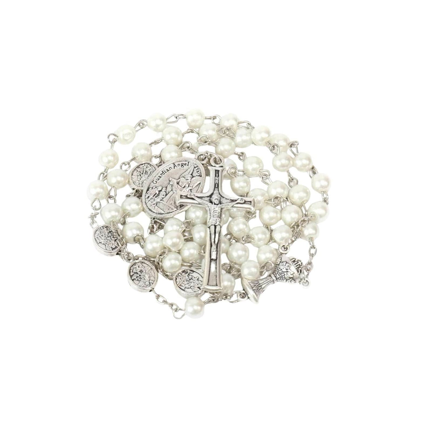 White Pearl Communion Rosary with Guardian Our Father Beads and St. Michael Medal - Nazareth Store