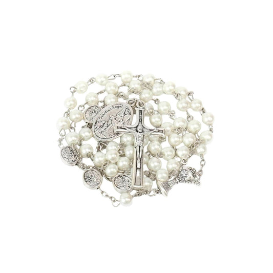 White Pearl Communion Rosary with Guardian Our Father Beads and St. Michael Medal - Nazareth Store