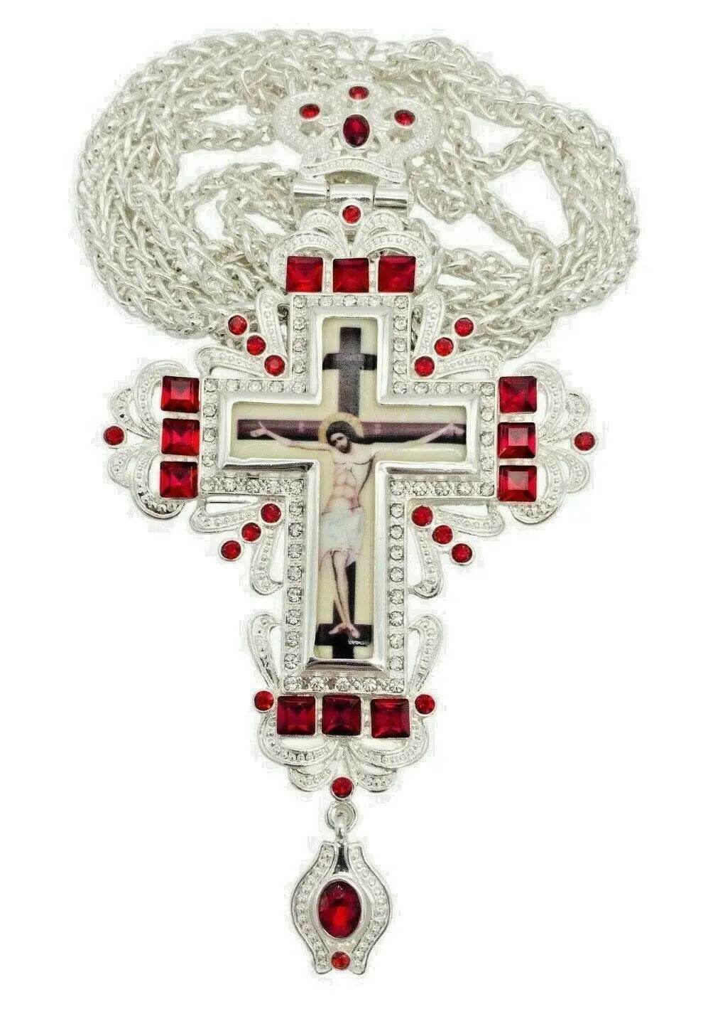 Silver Crystallized Red Zircons Clergy Crucifix Pendant Christian Priest Bishop - Nazareth Store