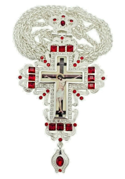 Silver Crystallized Red Zircons Clergy Crucifix Pendant Christian Priest Bishop - Nazareth Store