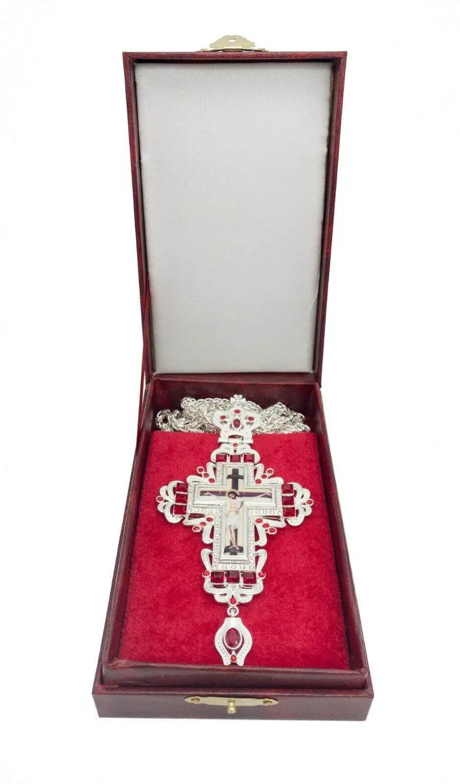 Silver Crystallized Red Zircons Clergy Crucifix Pendant Christian Priest Bishop - Nazareth Store