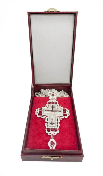 Silver Crystallized Red Zircons Clergy Crucifix Pendant Christian Priest Bishop - Nazareth Store