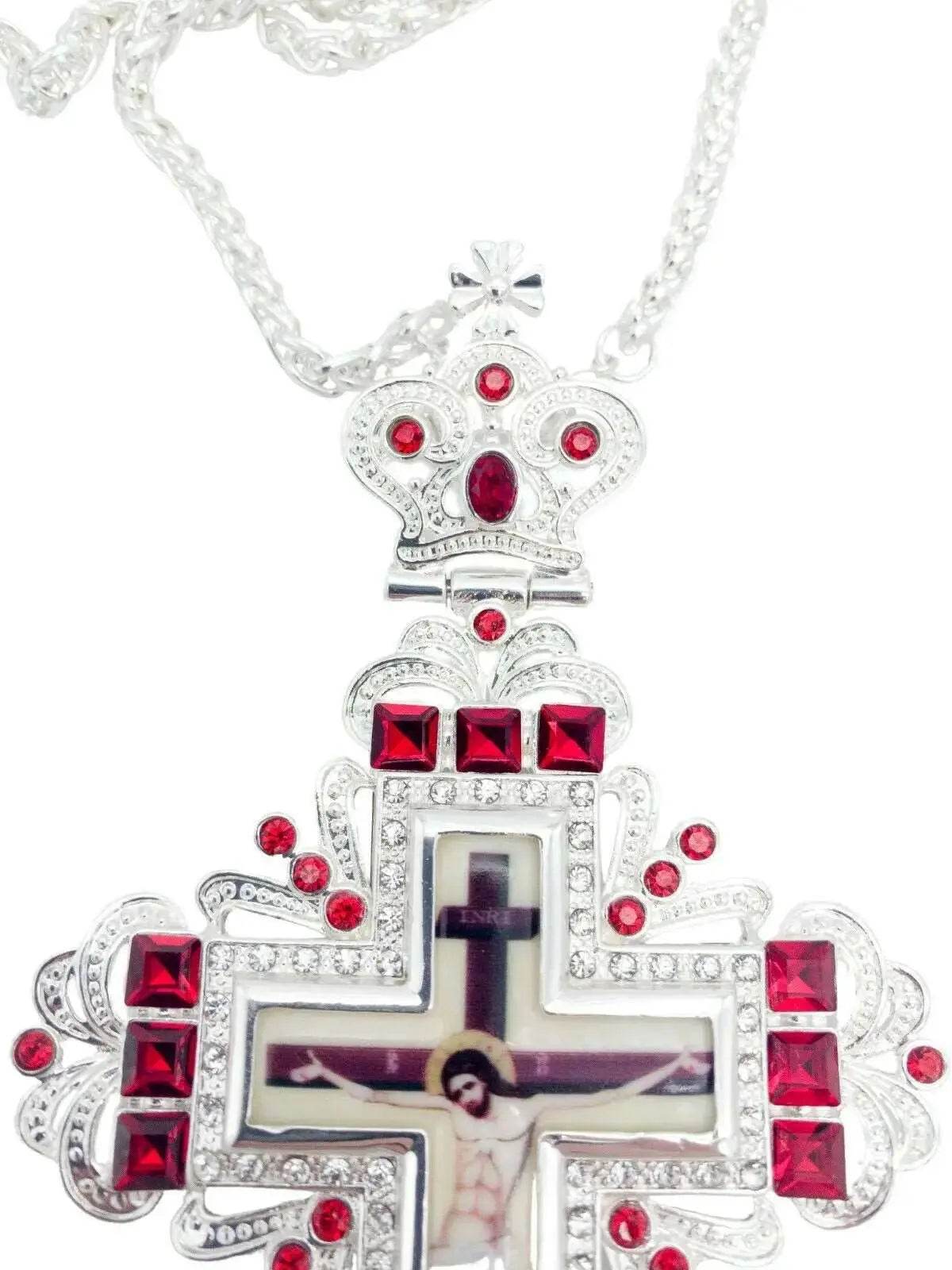 Silver Crystallized Red Zircons Clergy Crucifix Pendant Christian Priest Bishop - Nazareth Store