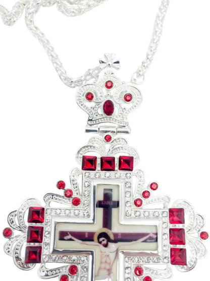Silver Crystallized Red Zircons Clergy Crucifix Pendant Christian Priest Bishop - Nazareth Store