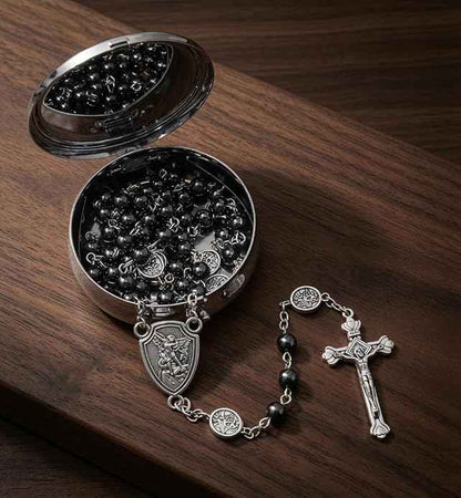 Hematite Rosary Necklace Silver-Plated St. Michael Archangel Medal & Crucifix with Metal Box
