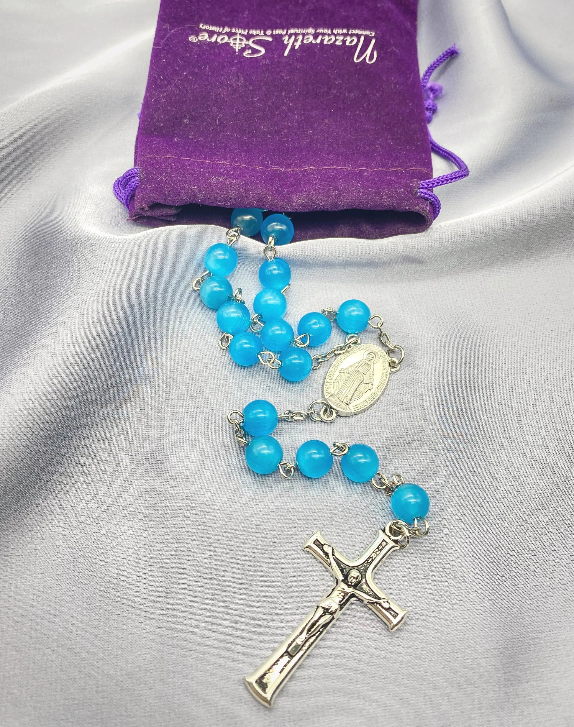 Sky Blue Rosary Cats Eye Selenite Calcite 8mm Beads Catholic Chaplet Prayer Beaded Necklace Miraculous Medal & Cross 21" Nazareth Store
