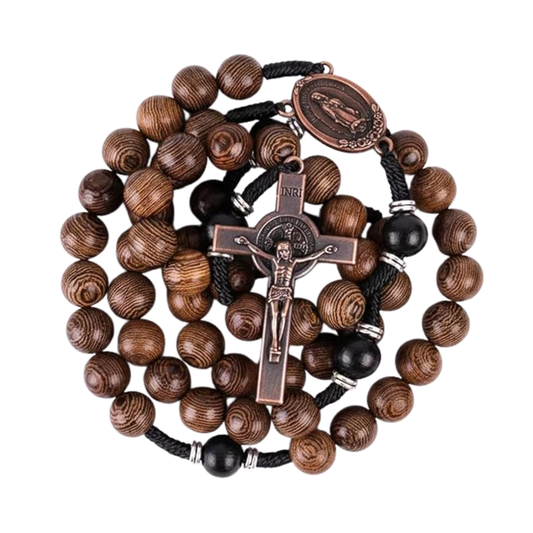 10mm olive and 10mm black wood mystery beads, this rosary offers a bold, strong design that’s perfect for men.