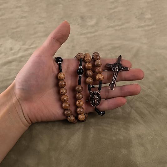 10mm olive and 10mm black wood mystery beads, this rosary offers a bold, strong design that’s perfect for men.