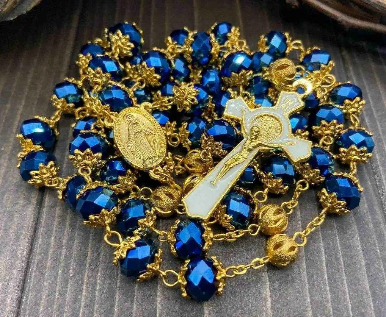 St Benedict Deep Blue Rosary Necklace 10mm Crystals Beaded Chaplet