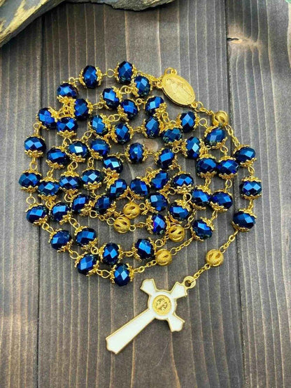 St Benedict Deep Blue Rosary Necklace 10mm Crystals Beaded Chaplet