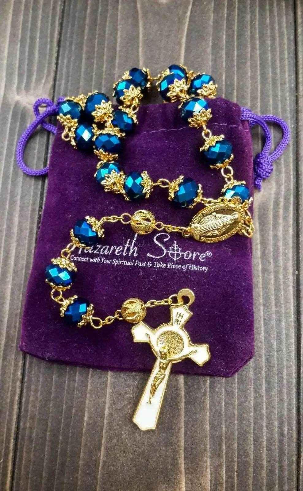 St Benedict Deep Blue Rosary Necklace 10mm Crystals Beaded Chaplet