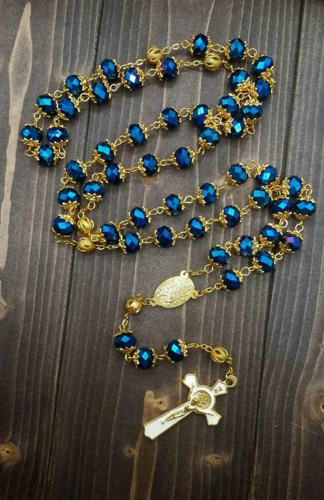 St Benedict Deep Blue Rosary Necklace 10mm Crystals Beaded Chaplet