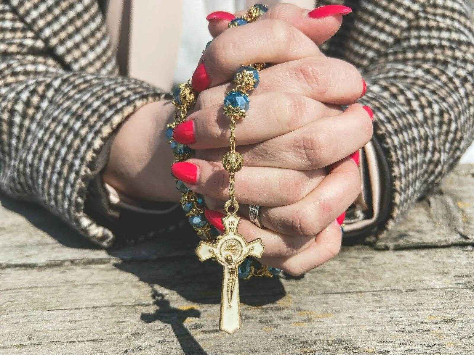 Light Blue Crystal Beads Rosary  St Saint Benedict Cross & Miraculous Medal