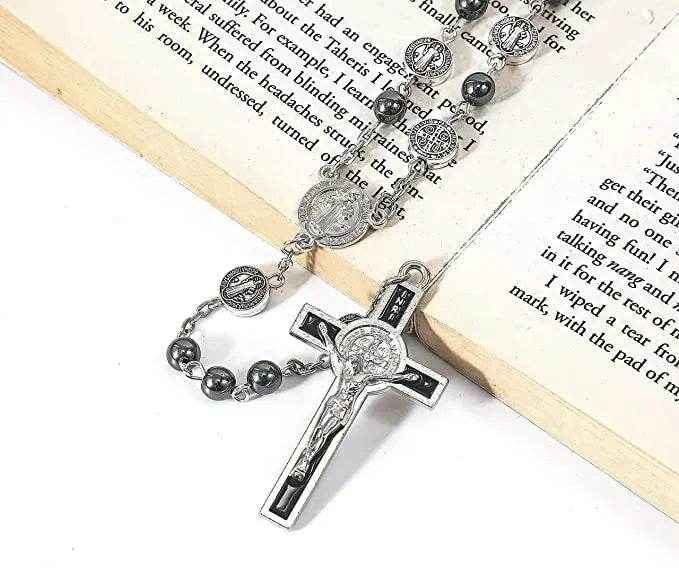 St. Benedict Hematite Rosary Necklace Metal Beads Stainless Medal & Cross