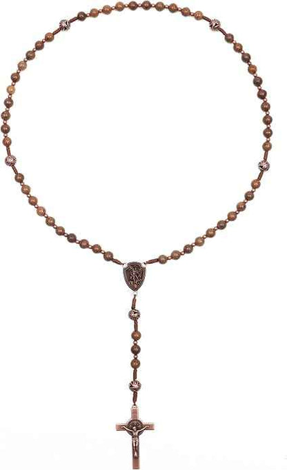 Olive Wood Rosary Necklace Metal Glory Beads with St. Michael Medal & Cross Crucifix