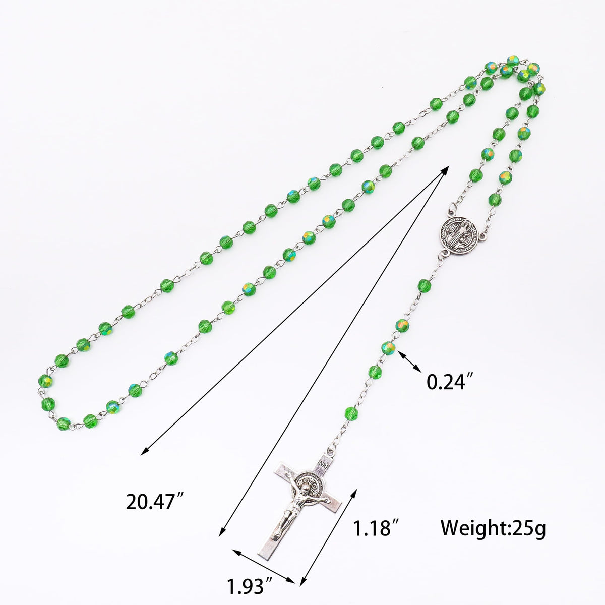 Green Crystallized Glass Beads Rosary Necklace with St. Benedict Medal & Crucifix